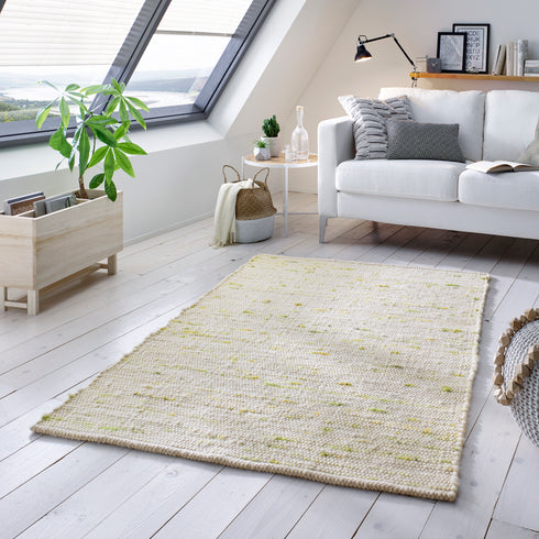 Wollteppich Natur | Reine Schur-Wolle Handweb Teppich im Skandinavischen Design | Grün Meliert